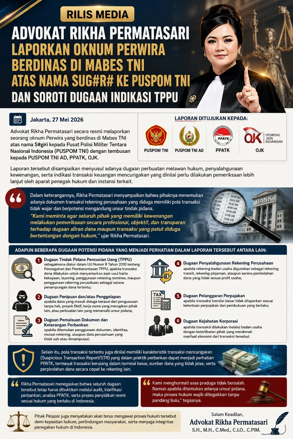 Advokat Rikha Permatasari Laporkan Oknum Perwira Berdinas di Mabes TNI atas Nama Sug#r# ke PUSPOM TNI dan Soroti Dugaan Indikasi TPPU